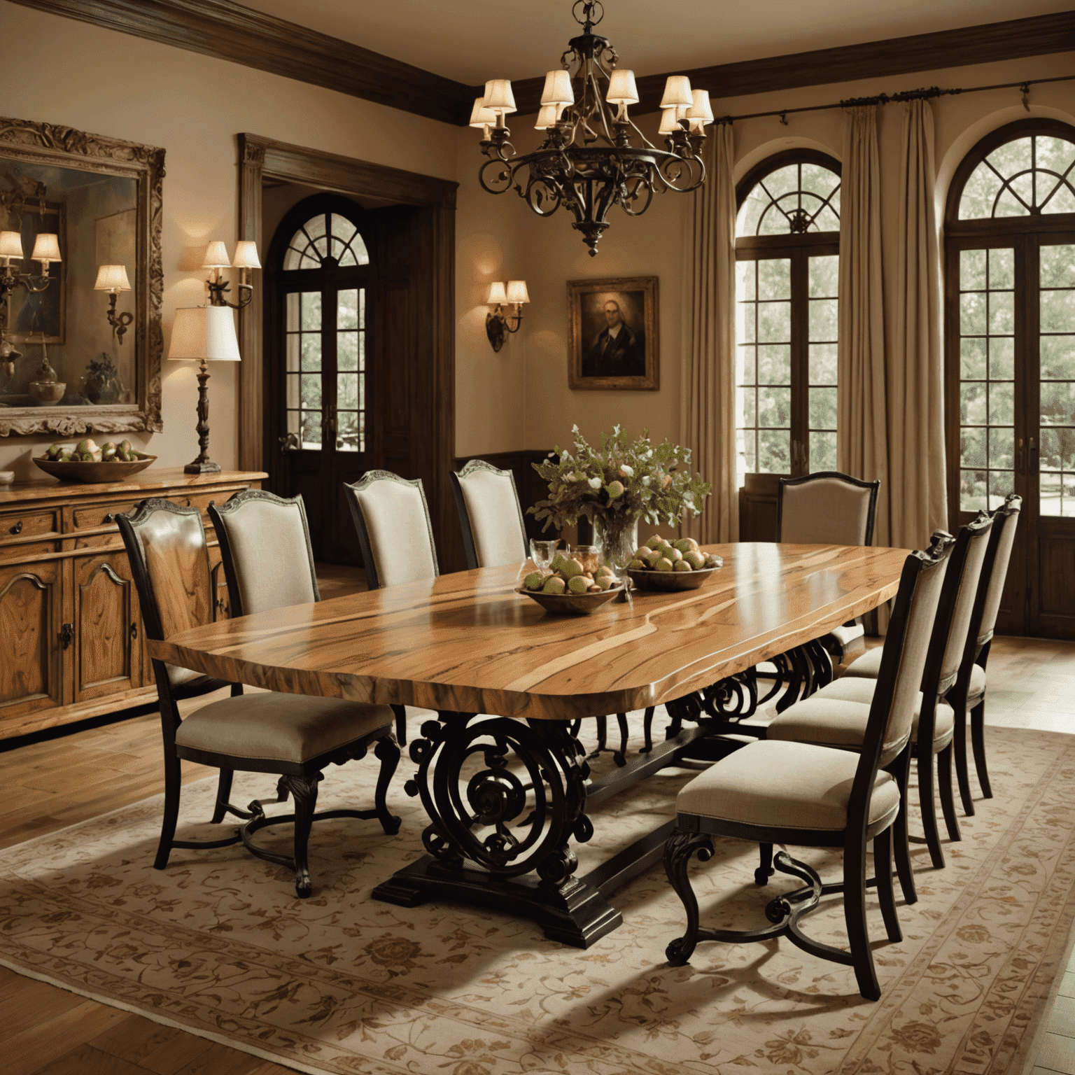 Mesa de comedor hecha a medida con madera de olivo y detalles en hierro forjado