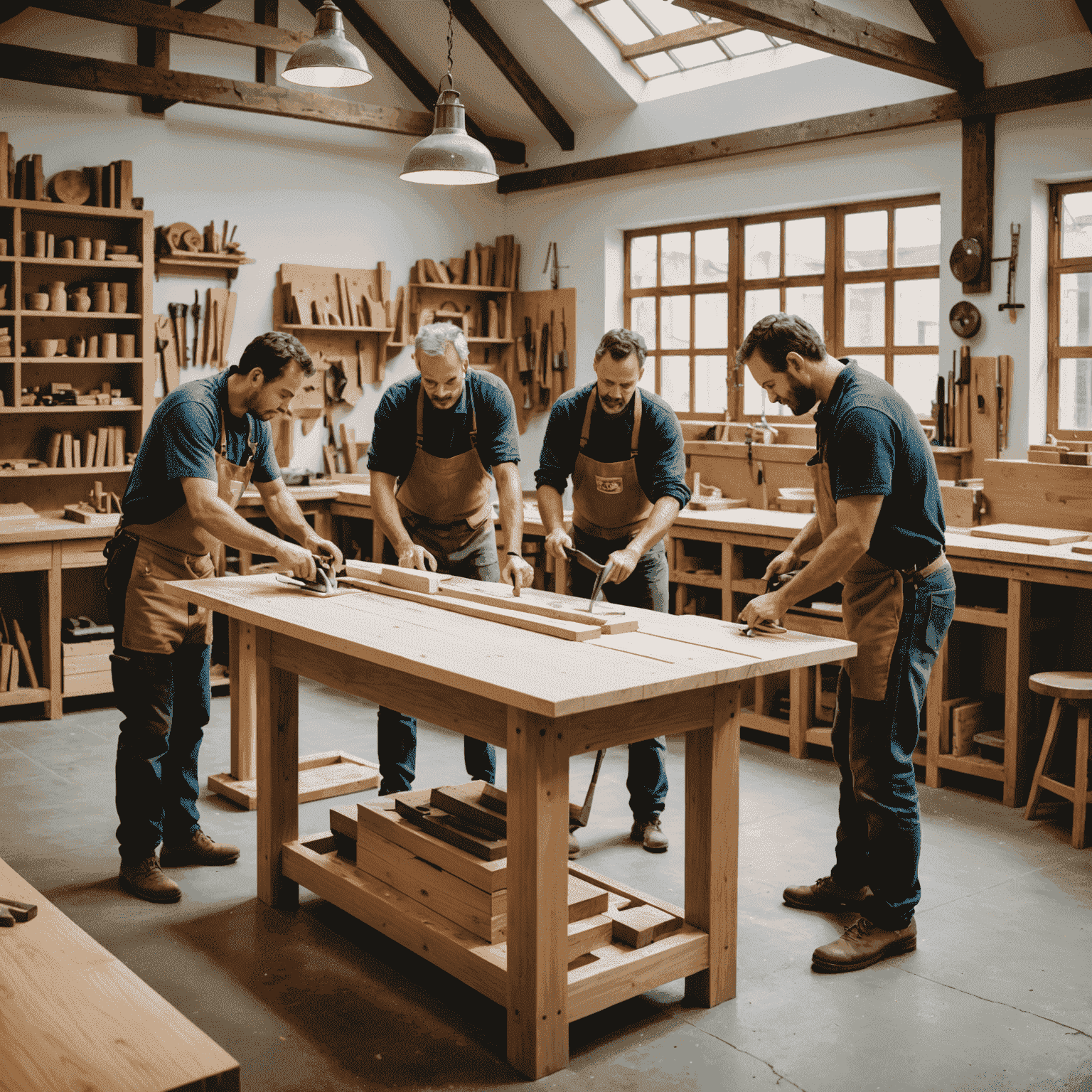 Imagen de un taller de carpintería con artesanos creando muebles personalizados con un toque español moderno